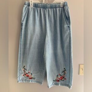 CW Classics Womens Blue Floral Embroidered Wide Leg Cropped Cottagecore Pants L